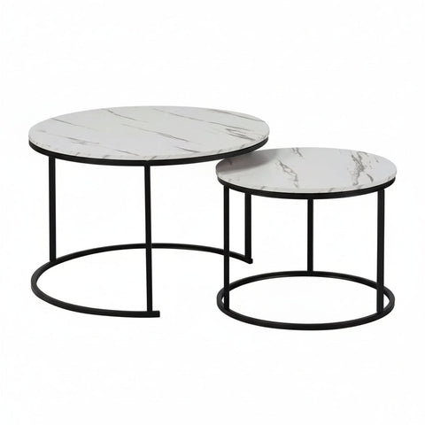 Set of two marble-patterned coffee tables with black metal frames on a white background