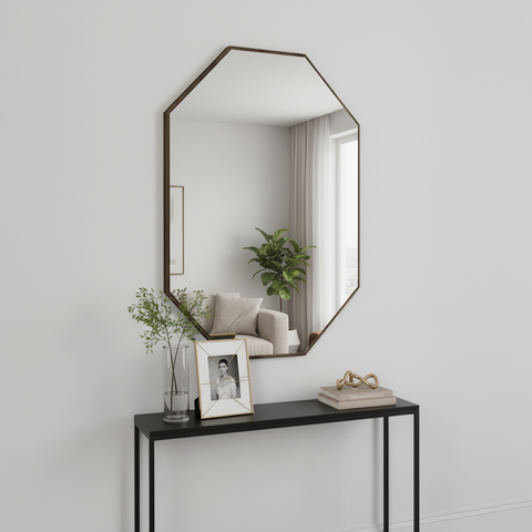 Hexagonal mirror on a wall with a black console table below featuring decor items.